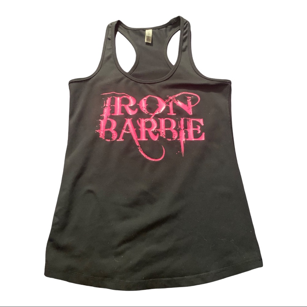 Black & hot pink “Iron Barbie” black racerback gym sports workout top L stretch